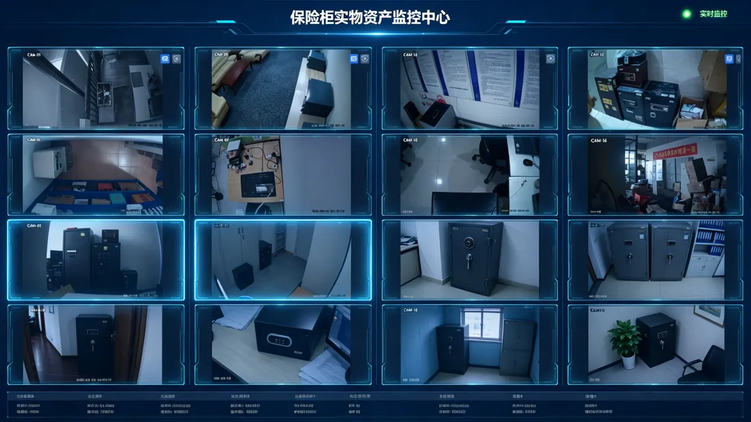 全域视频监控系统界面：保险柜实物资产监控画面墙